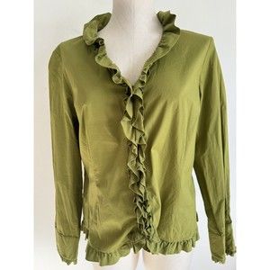 Christopher Banks Olive Green Ruffle Button Front  V-Neck Blouse Large